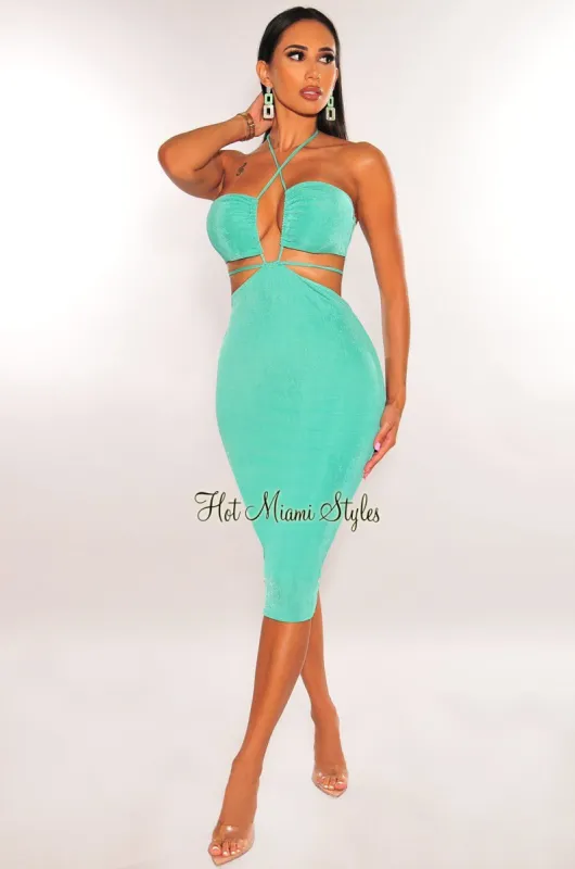 Mint Green Shimmery Halter Cut Out Dress sold by Hot Miami Styles