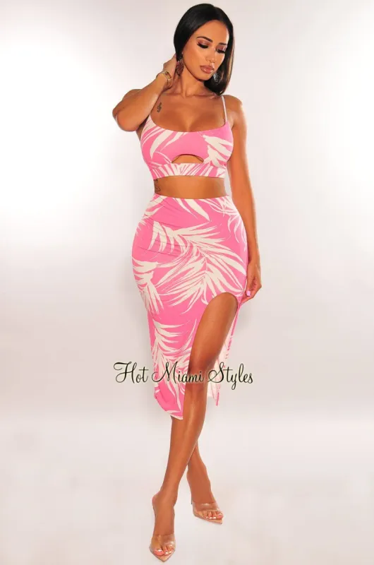 Pink Palm Print Cut Out Spaghetti Straps Slit Skirt Two Piece Set sold by Hot Miami Styles