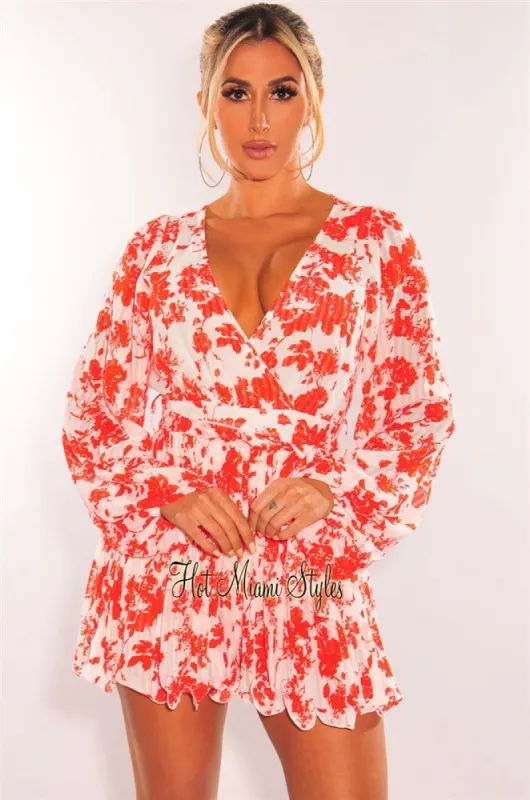 Red Floral Print V Neck Long Sleeve Belted Pleated Romper sold by Hot Miami Styles