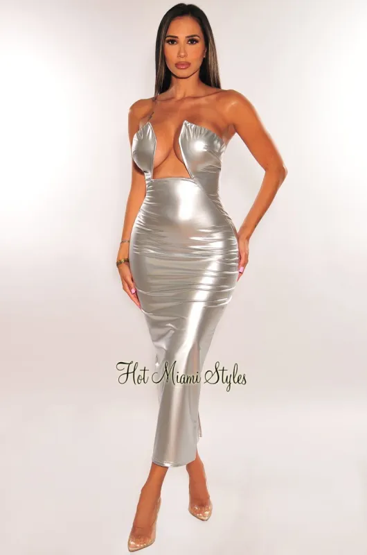Silver Chrome Metallic Bustier Wired Cut Out Strapless Dress sold by Hot Miami Styles