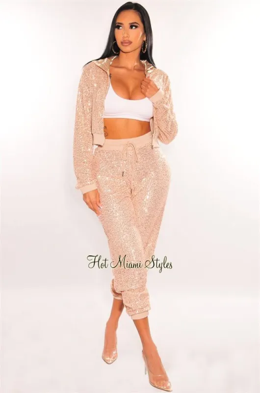 Blush Sequins Zipper Long Sleeve Hoodie Joggers Two Piece Set sold by Hot Miami Styles