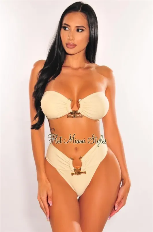 Cream Padded Bandeau Gold Ring High Cut Bikini Bottom sold by Hot Miami Styles