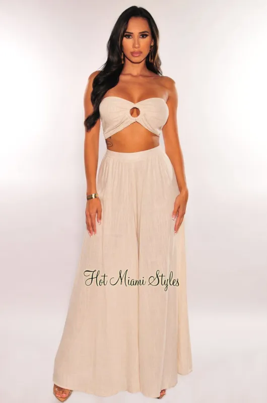 Sand Linen O-Ring Strapless Tie Up Palazzo Pants Two Piece Set sold by Hot Miami Styles