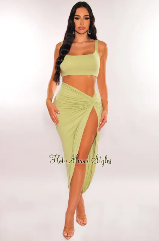 Sage Double Lined Tank Knotted Slit Maxi Skirt Two Piece Set sold by Hot Miami Styles