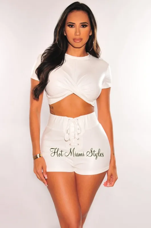 White Latex Short Sleeve Knotted Lace Up Shorts Two Piece Set sold by Hot Miami Styles