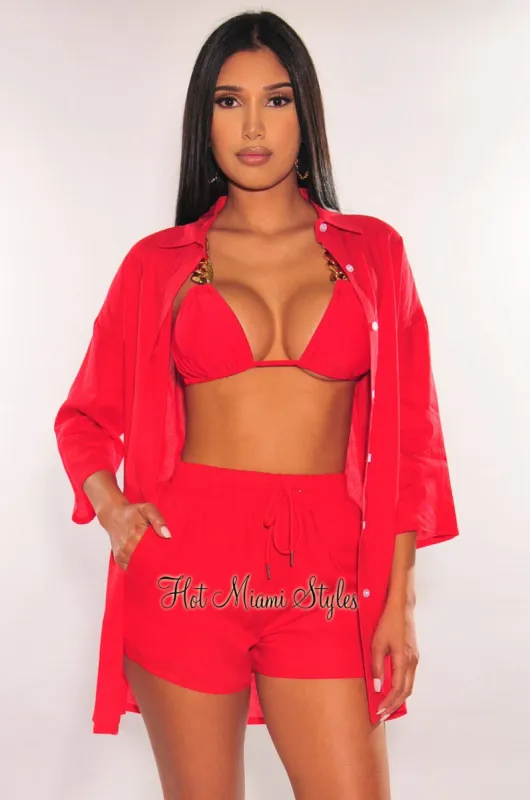 Red Linen Collared Button Up ¾ Sleeves Shorts Two Piece Set sold by Hot Miami Styles