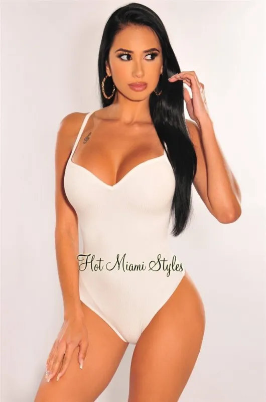 White Ribbed Sweetheart Spaghetti Straps Bodysuit sold by Hot Miami Styles