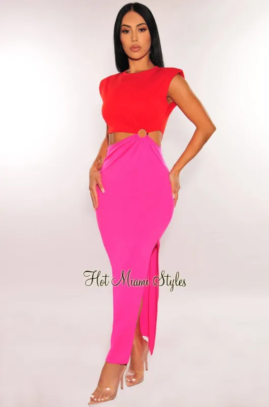 Red Pink Cut Out Shoulder Pads O-Ring Maxi Slit Dress sold by Hot Miami Styles
