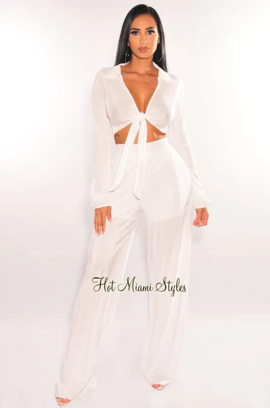 White Collared Long Sleeve Pleated Palazzo Pants Two Piece Set sold by Hot Miami Styles