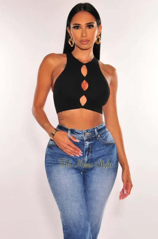 Black Seamless Ribbed Cut Out Sleeveless Crop Top sold by Hot Miami Styles