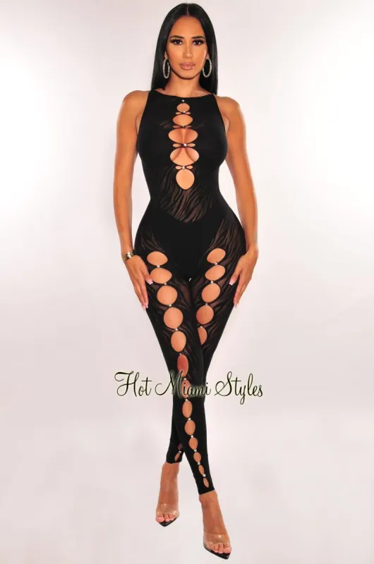 Black Animal Print Seamless Rhinestone Sleeveless Cut Out Jumpsuit sold by Hot Miami Styles