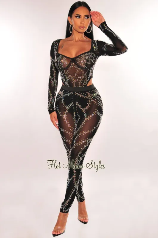 Black Mesh Rhinestone Underwire Long Sleeve High Cut Bodysuit Pants Two Piece Set sold by Hot Miami Styles