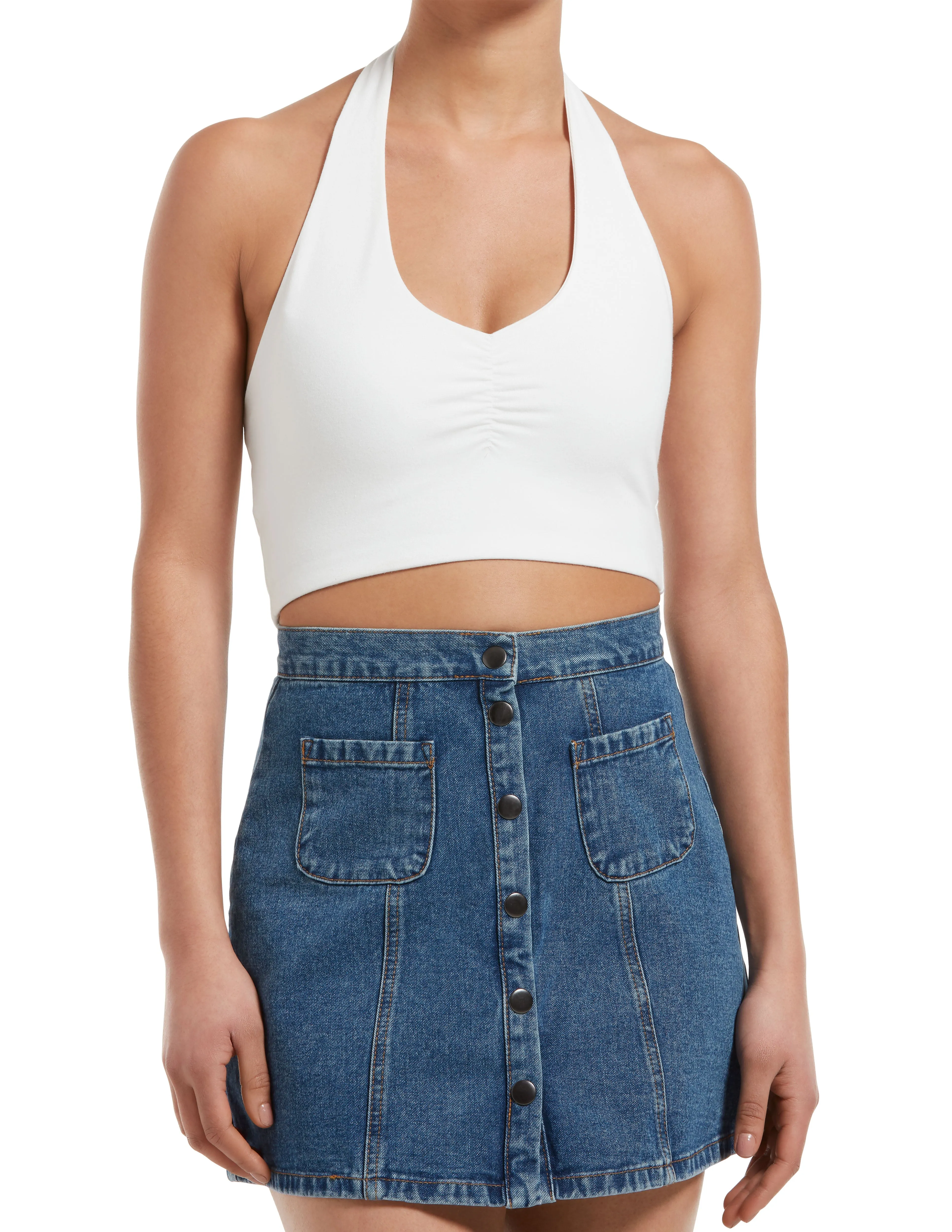 Ruched Blackout Cotton Halter Midriff Bandeau sold by HUE