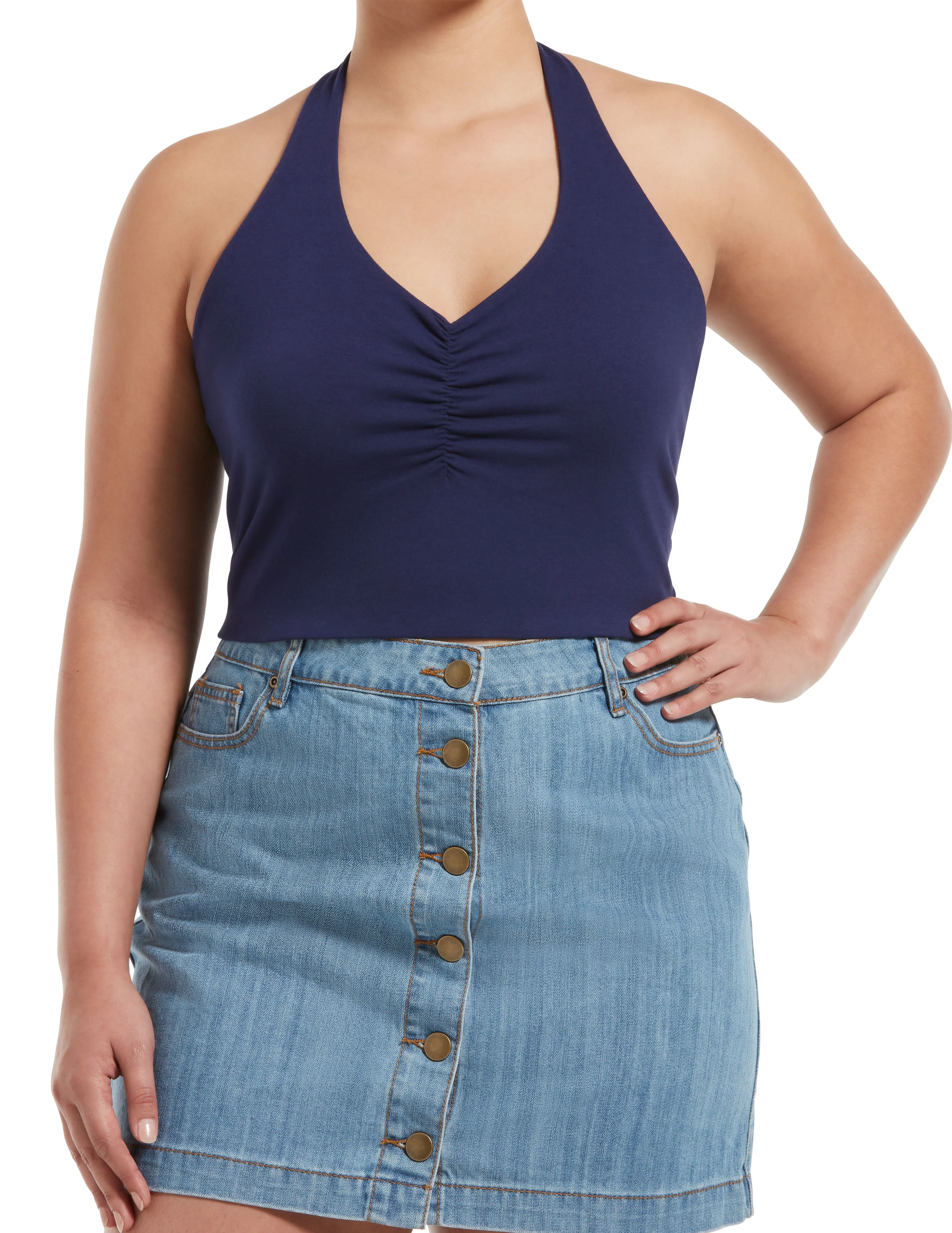 Ruched Blackout Cotton Halter Midriff Bandeau sold by HUE