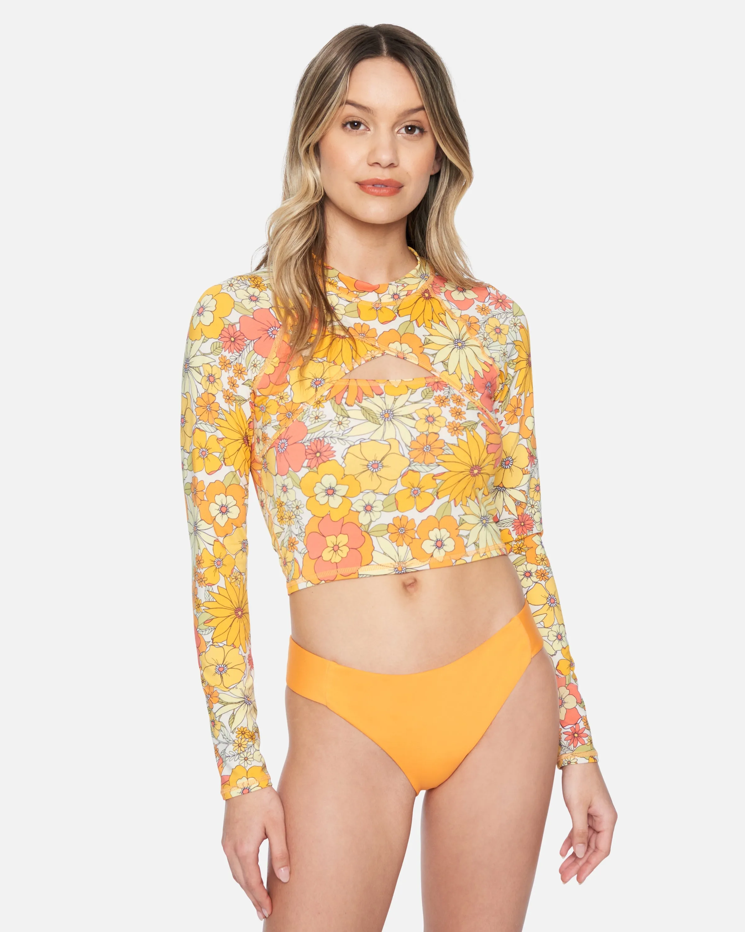 Hurley X Moore Aloha Bloomin Groove Cropped Cross Yoke Long Sleeve Rashguard sold by Hurley