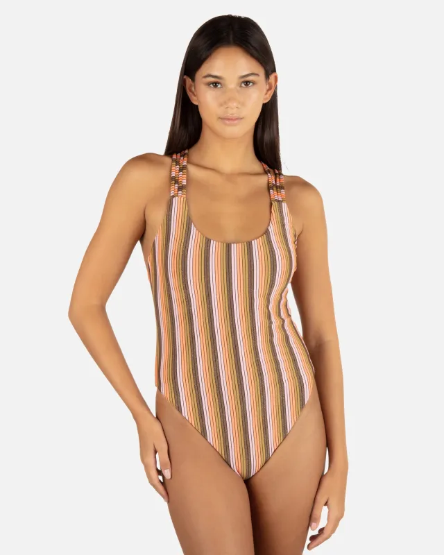 Sunset Shine Stripe Moderate Crossback One Piece made by Hurley