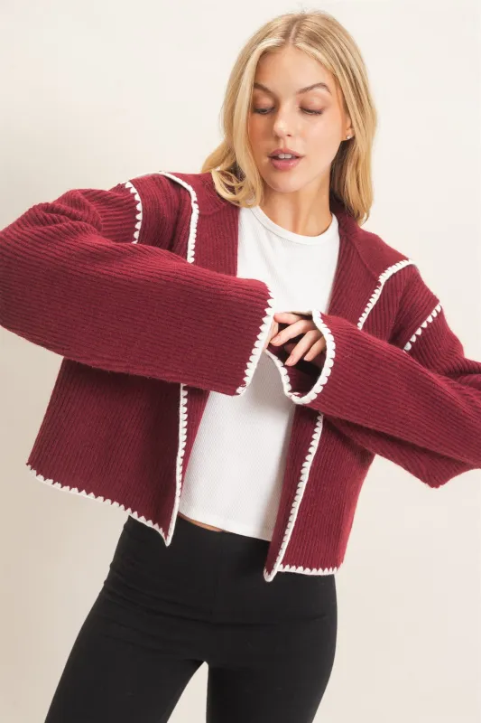 Collared Cardigan Sweater With Picot Trim made by HYFVE