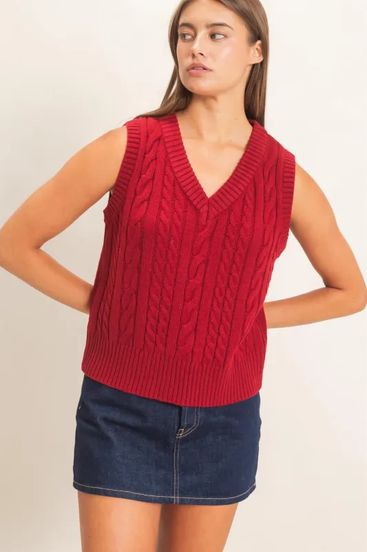 Cable Knit V-Neck Sweater Vest made by Double Zero
