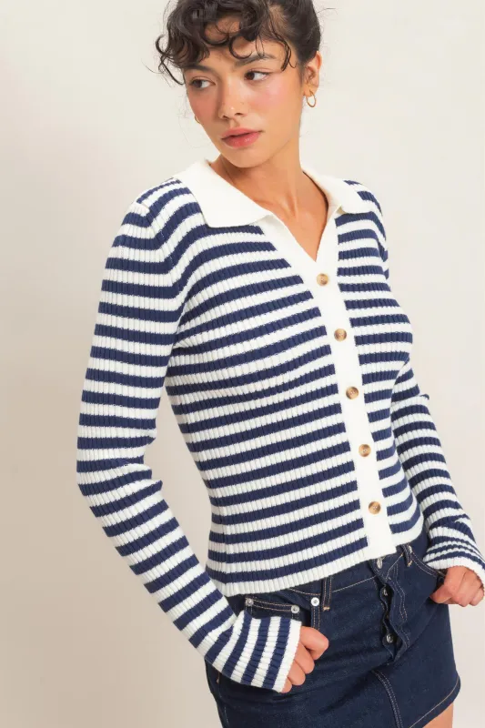 Ribbed Striped Polo Knit Top made by Double Zero