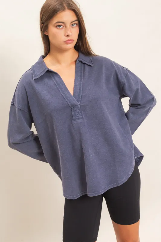 Mineral Washed Polo Collar Long Sleeve Top made by Double Zero