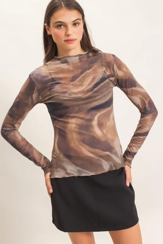 Ruffled Mock Neck Mesh Top made by HYFVE