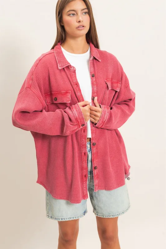 Mineral Wash Waffle Knit Button-Up Shacket made by Double Zero