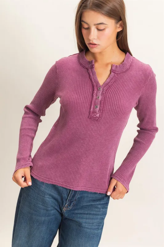 Mineral Wash Waffle Henley Long Sleeve Top made by Double Zero