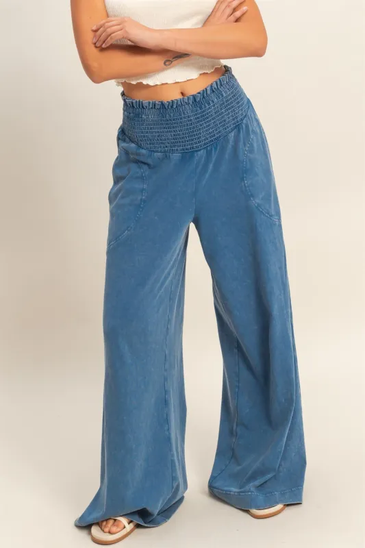 Mineral Washed Wide-Leg Smocked Waist Pants made by Double Zero