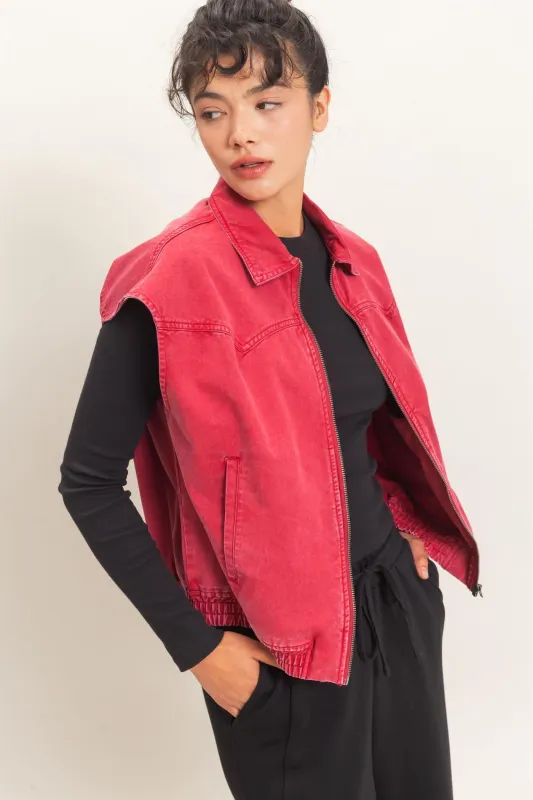Mineral Wash Sleeveless Zip-Up Collar Vest made by Double Zero