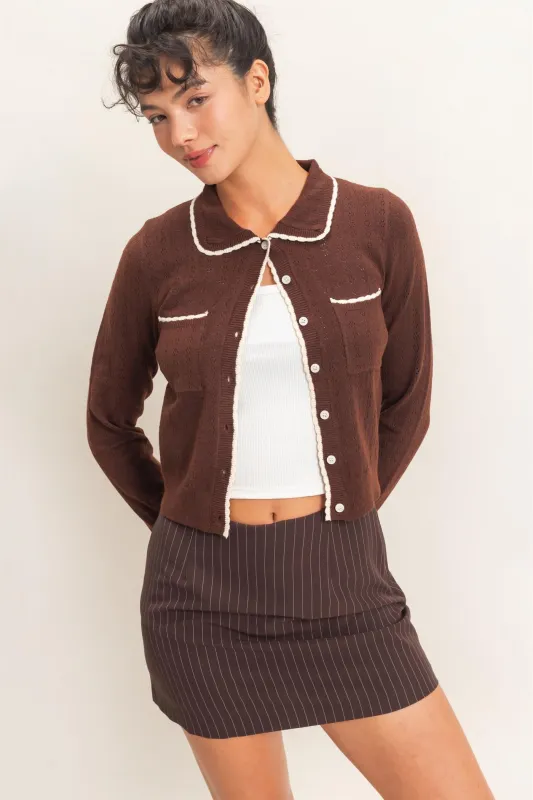 Collared Pointelle Knit Cardigan made by Double Zero