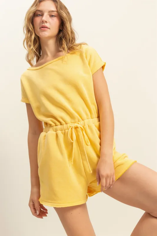 DZ25A782-Cap Sleeve Drawstring Waist Romper made by Double Zero