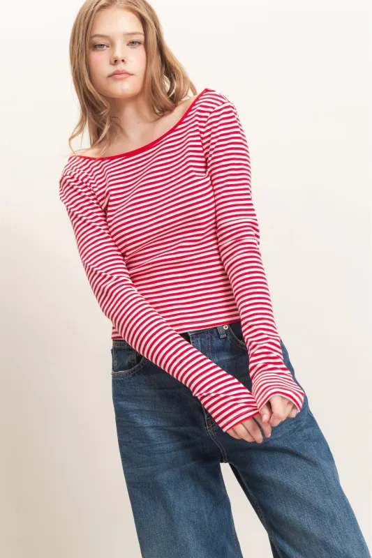 Striped Boat Neck Long Sleeve Top made by HYFVE