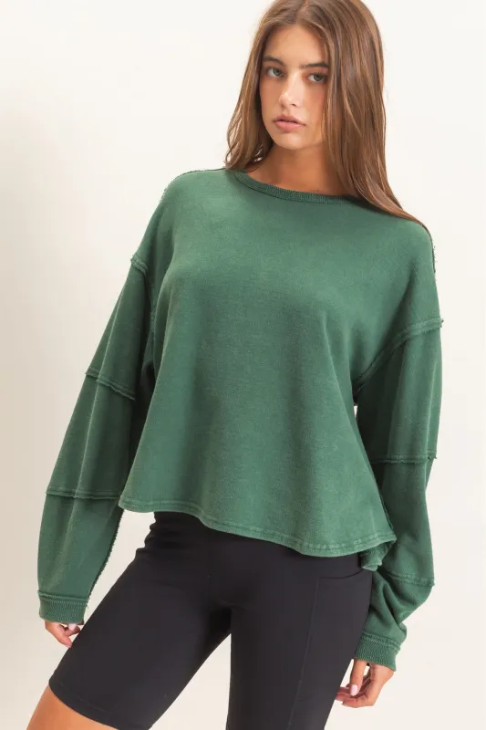 Mineral Wash Oversized Raw Edge Crew Neck Top made by Double Zero