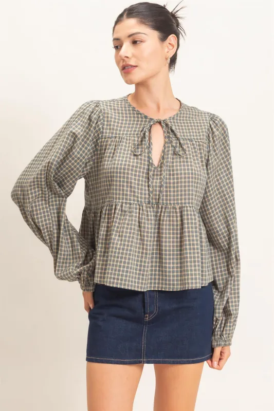 Checkered Tie Neck Top made by HYFVE