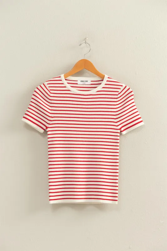 Striped Ribbed Short Sleeve Crew Neck Knit Top made by Double Zero