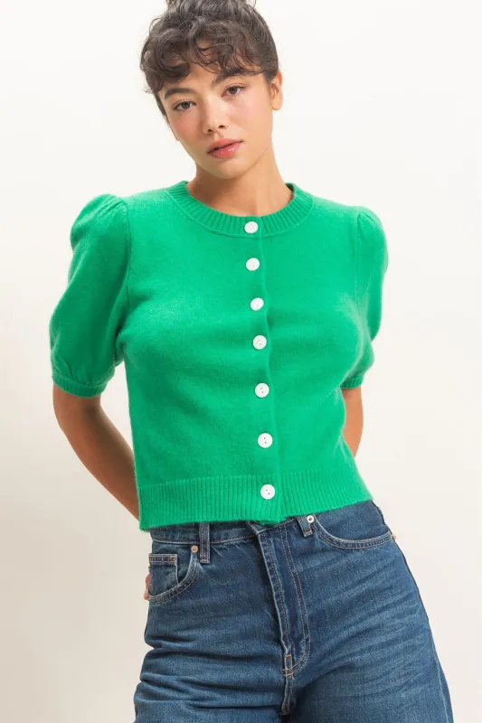 Button Front Puff Short Sleeve Cardigan made by Double Zero