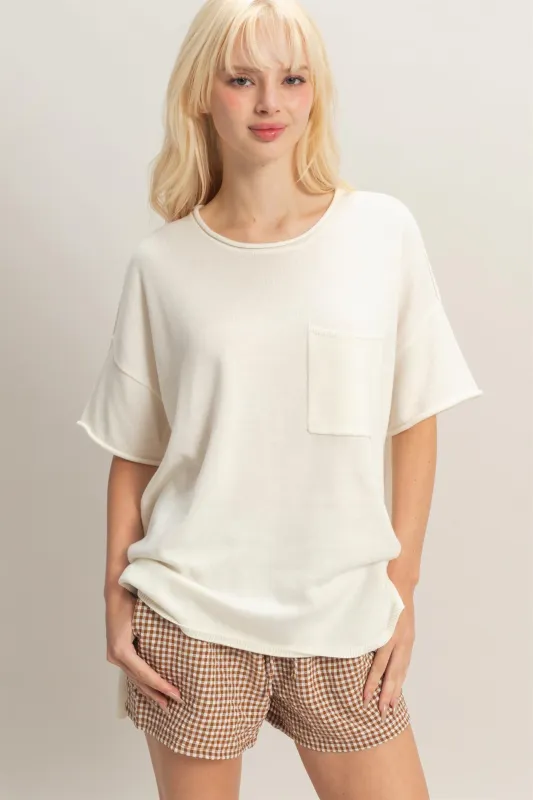 Oversized Short Sleeve Round Neck Pocket Knit Top made by Double Zero