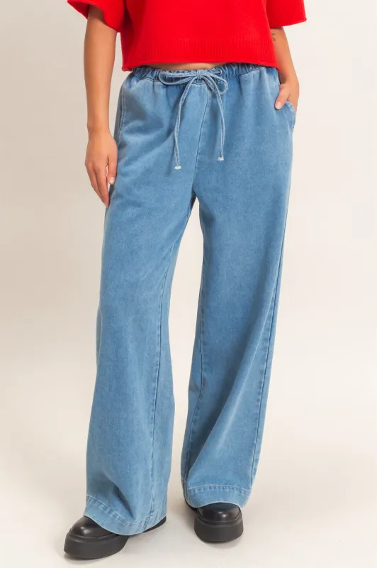 Elastic Waist Wide Leg Denim Pants made by Double Zero