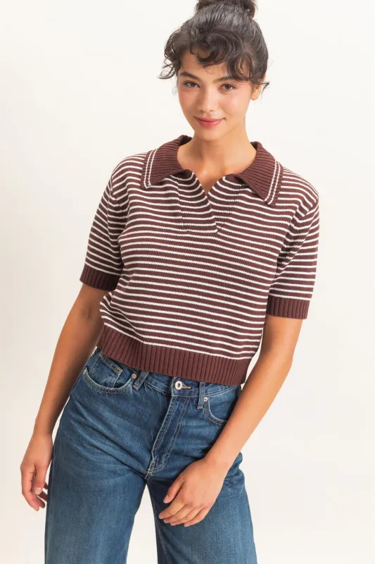 Striped Short Sleeve Collar Knit Top made by Double Zero
