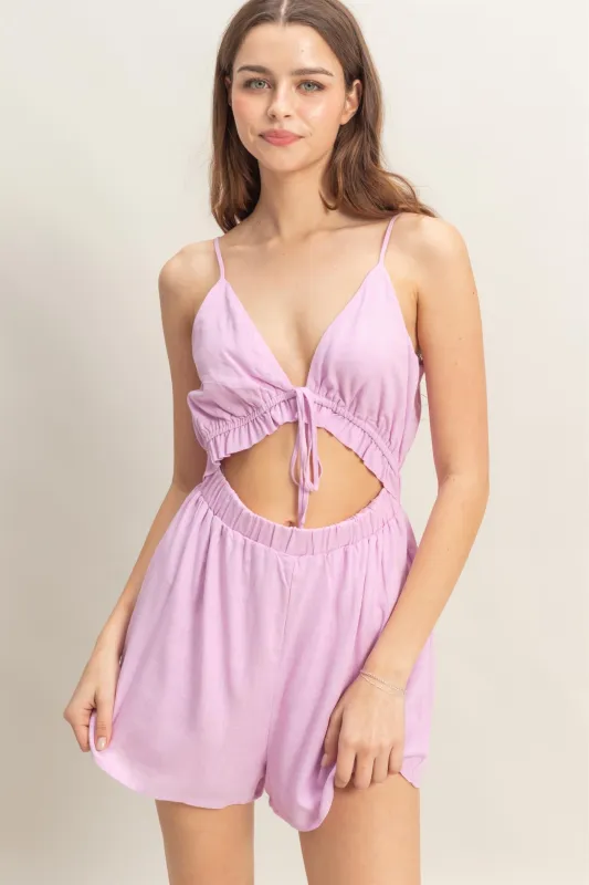 Plunging V-Neck Cutout Linen Romper made by HYFVE