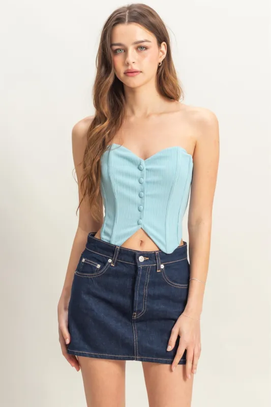 Buttoned Front Strapless Knit Bustier Top made by HYFVE