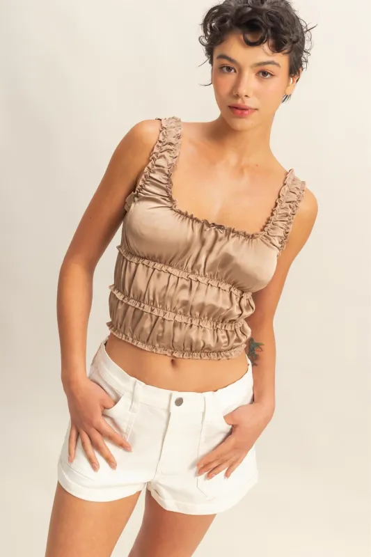 Ruched Satin Sleeveless Crop Top made by Double Zero