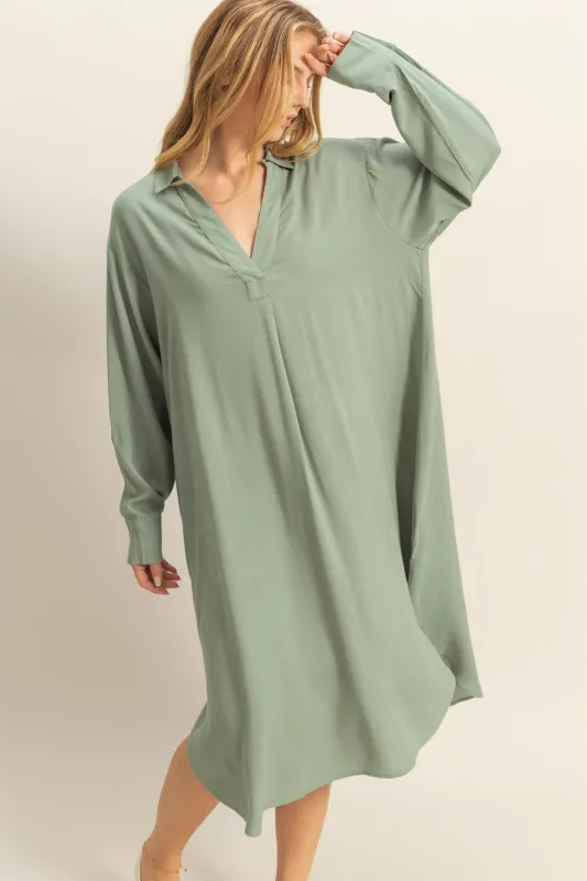 V-Neck Long Sleeved Midi Shirts Dress made by Double Zero