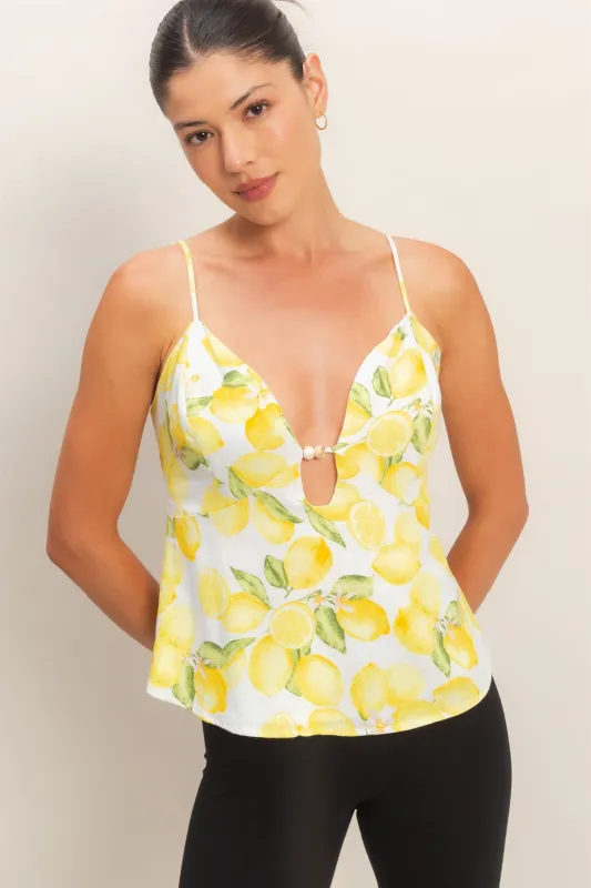 Plunge V-Neck Lemon Print Top made by HYFVE