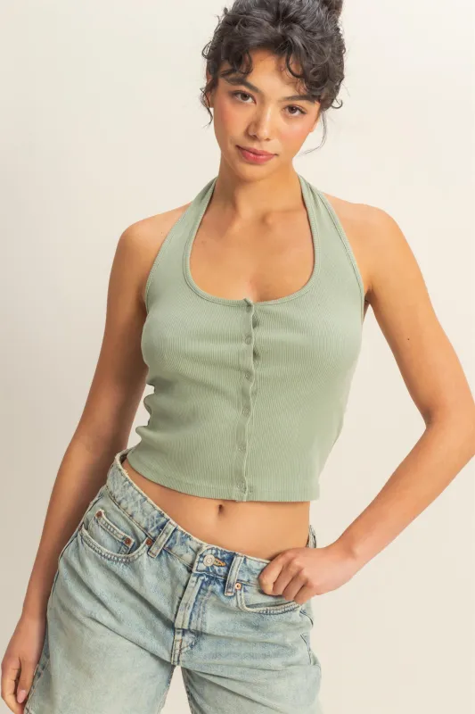 Halter Neck Buttoned Washed Tank Top made by Double Zero
