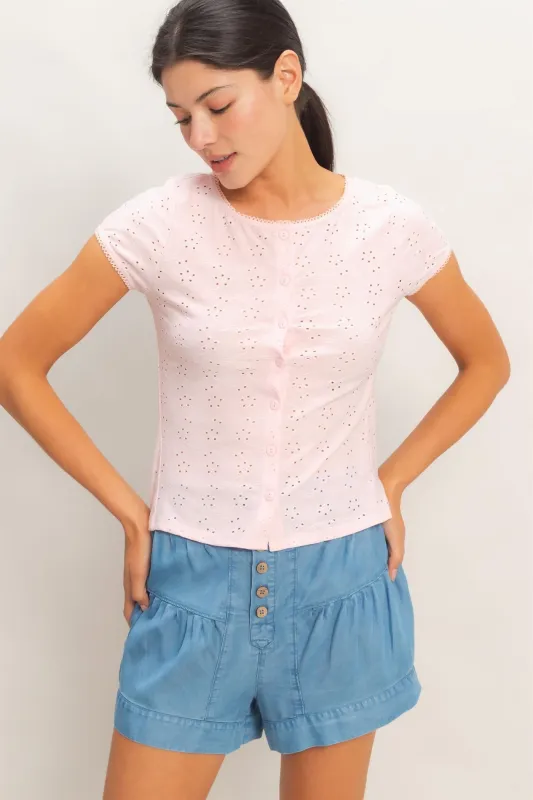 Eyelet Button Front Knit Top made by HYFVE