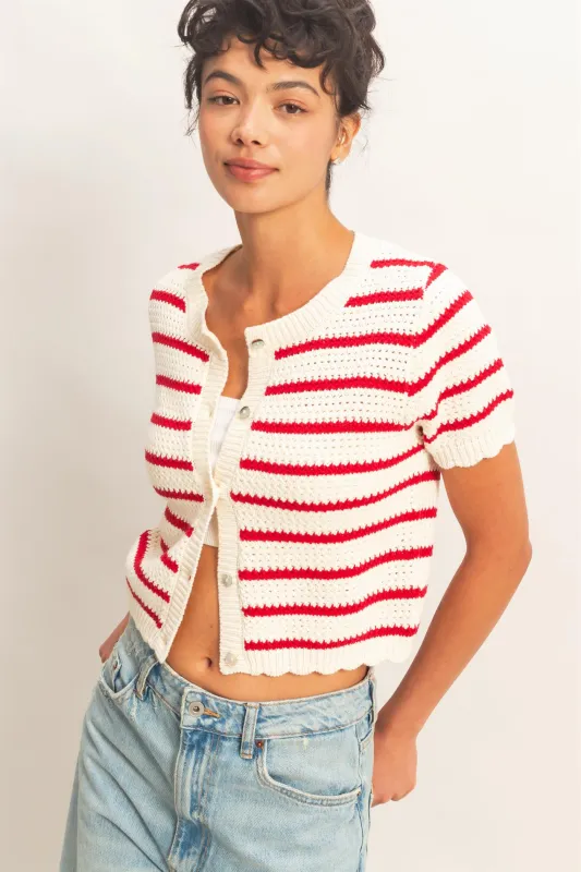 Striped Short Sleeve Cardigan With Scallop Edge made by Double Zero