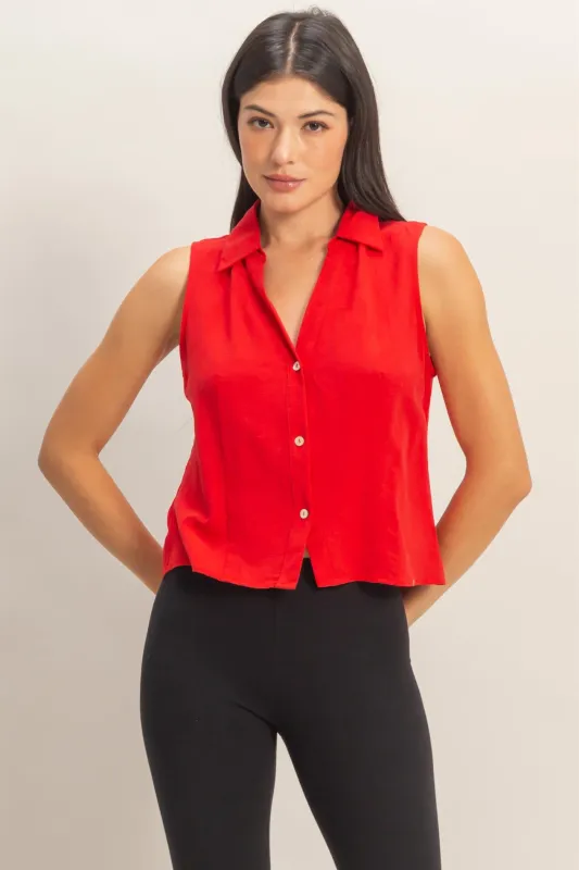 Sleeveless Lyocell Linen Button Front Top made by Double Zero
