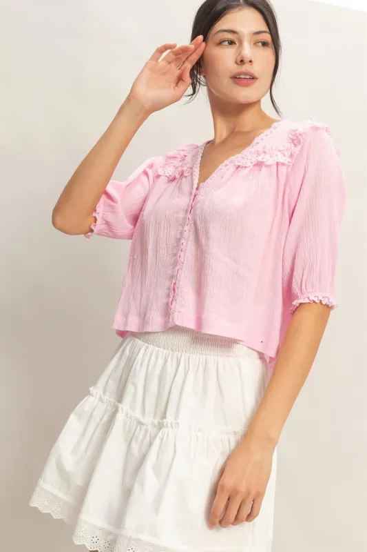 V-Neck Ruffled Lace Top made by HYFVE