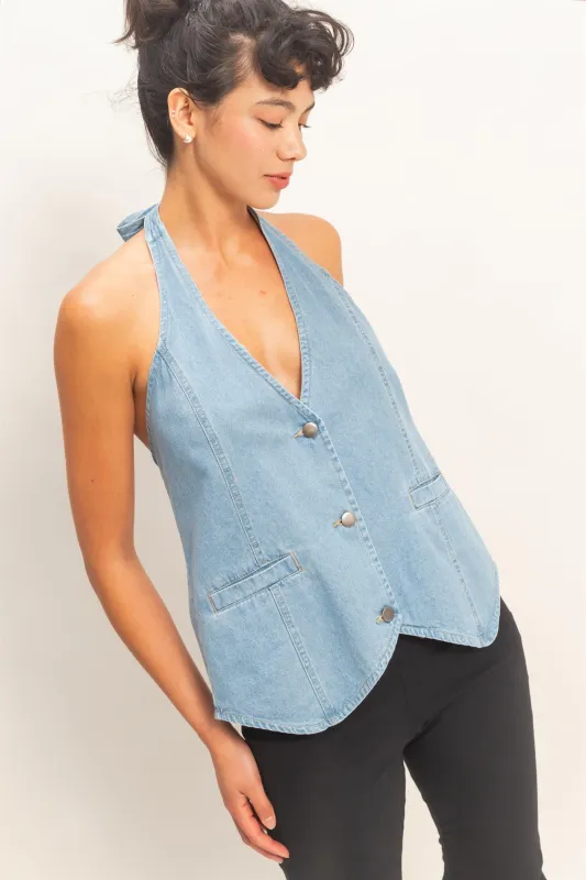 Denim Back Tie Halter Vest made by Double Zero